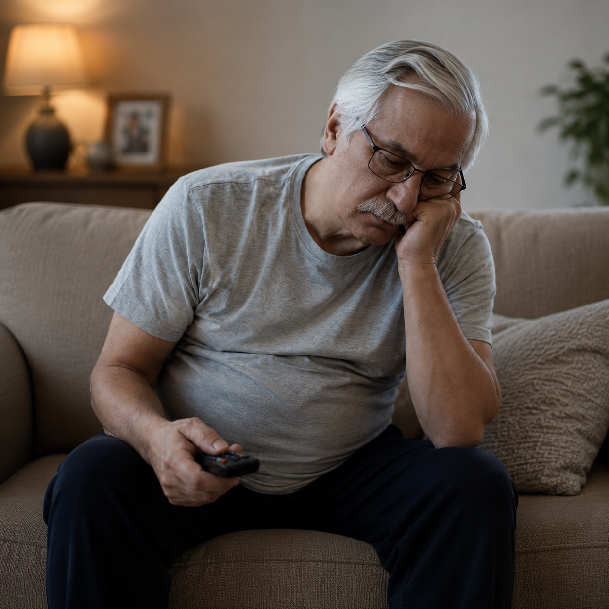 Older man feeling tired while sitting at home